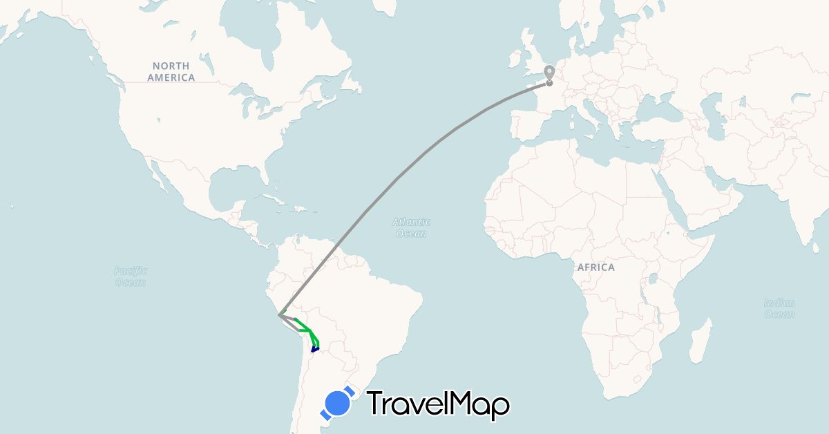 TravelMap itinerary: driving, bus, plane, train, hiking in Bolivia, France, Peru (Europe, South America)